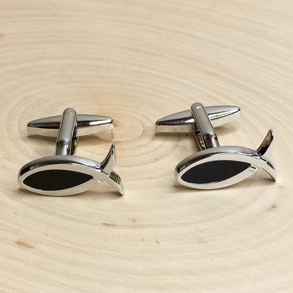 Fish Cufflinks Religious Silver with Black Enamel - Picture 4 of 8